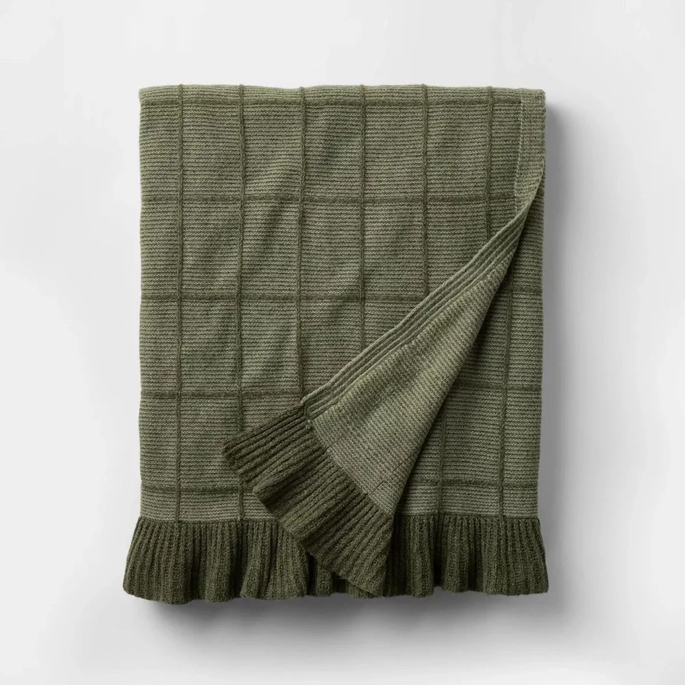 50x60 Windowpane Plaid with Ruffle Throw Blanket Green - Threshold Studio McGee